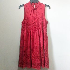 ENTRO Beautiful Lace Overlay Dress High Neck